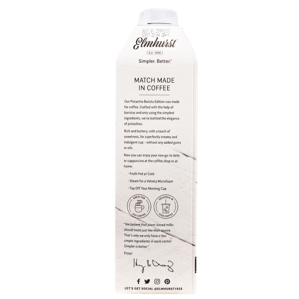 Elmhurst Plant Based Pistachio Creamer Barista Edition, 946mL