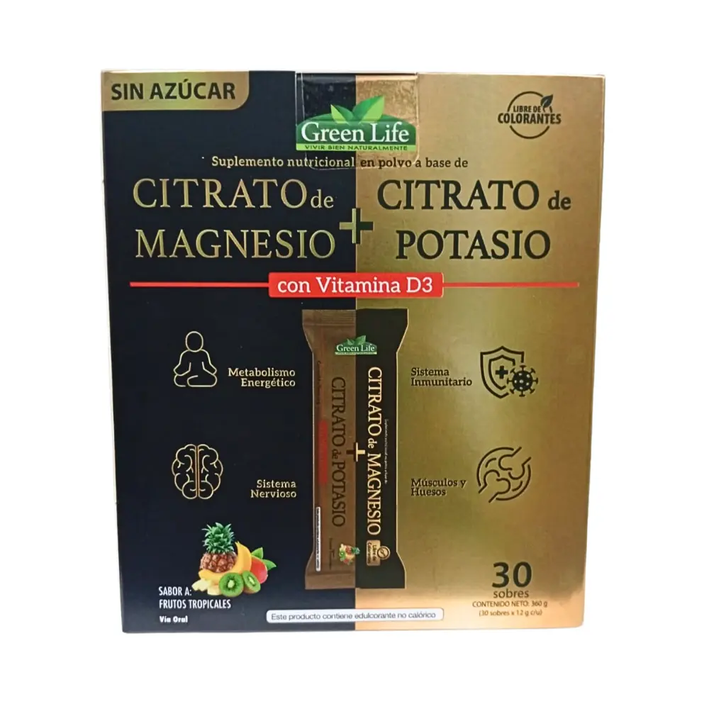 CITRATO DE MAGNESIO + CITRATO DE POTASIO 30 SOBRES GREEN LIFE