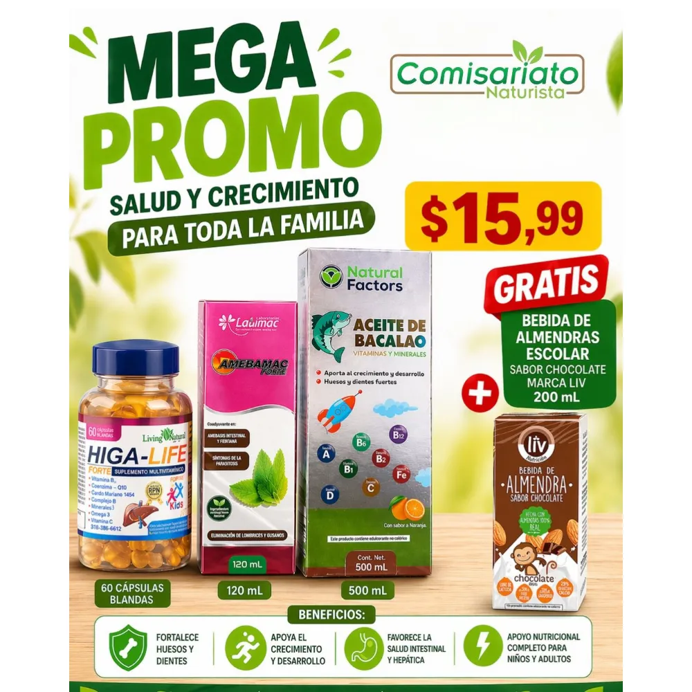 [KIT-0008] COMBO ESCOLAR HIGALIFE + AMEBAMAC + ACEITE DE BACALAO + BEBIDA DE ALMENDRA CHOCOLATE