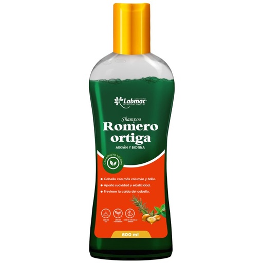 [LBM-0001] SHAMPOO ROMERO + ORTIGA + ARGAN Y BIOTINA 600 ML LABMAC